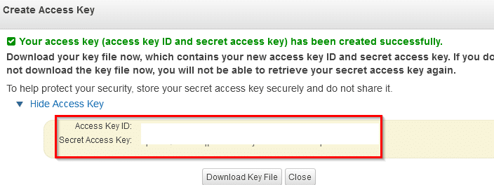 Amazon S3 access key generated for Cyberduck