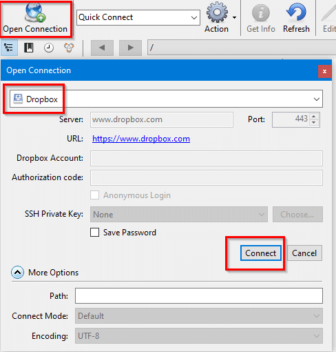 opening a Dropbox connection using Cyberduck