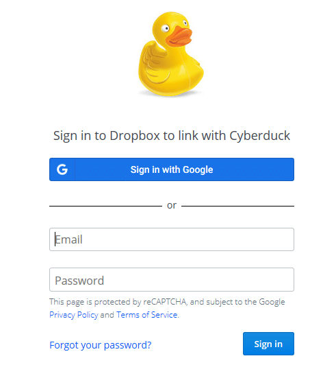 Dropbox sign-in for Cyberduck