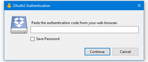 entering OAuth code for Dropbox in Cyberduck