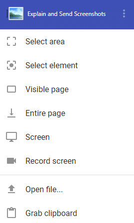 list of screenshot and screen sharing/recording options in Explain and Send Screenshots