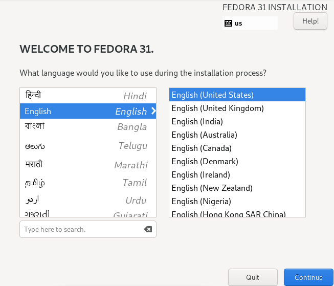 choosing language and locale settings for installing Fedora Xfce