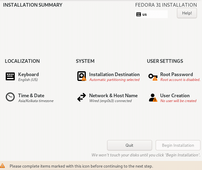 anaconda installer options for installing Fedora Xfce