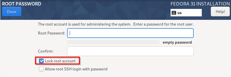 setting a root password during Fedora Xfce installation