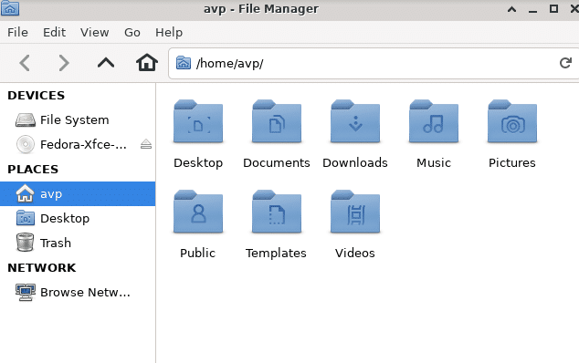 Thunar file manager in Fedora Xfce