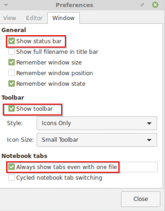 enable status bar and tool bar for Mousepad