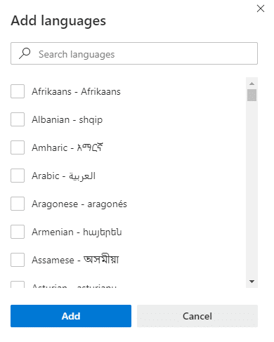 a list of available languages which can be added to the Edge browser