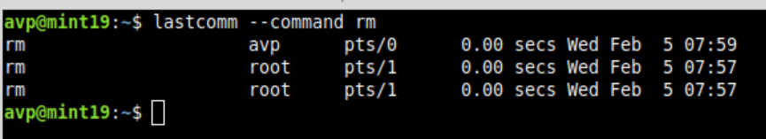 finding when and who used rm command using lastcomm in Linux Mint