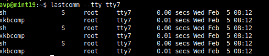 finding commands executed from specific terminal in Linux Mint using lastcomm