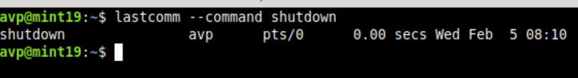 finding when shutdown was used in Linux Mint using lastcomm command