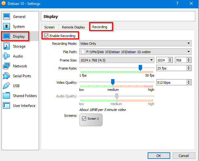 configuring VM recording options in VirtualBox for Windows