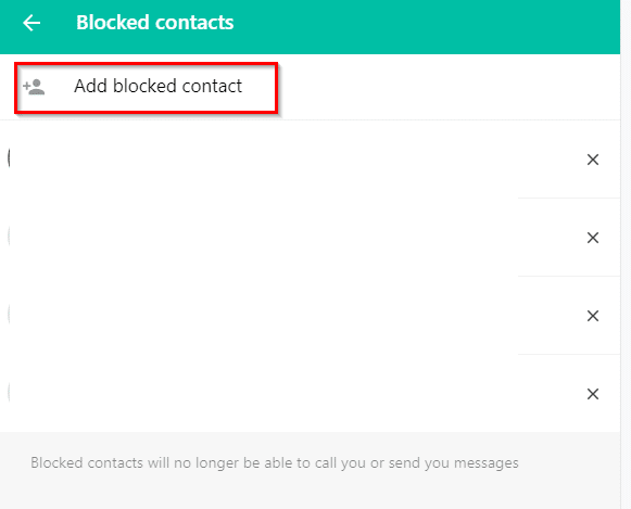 adding a contact for blocking from settings of Whatsapp desktop app for Windows