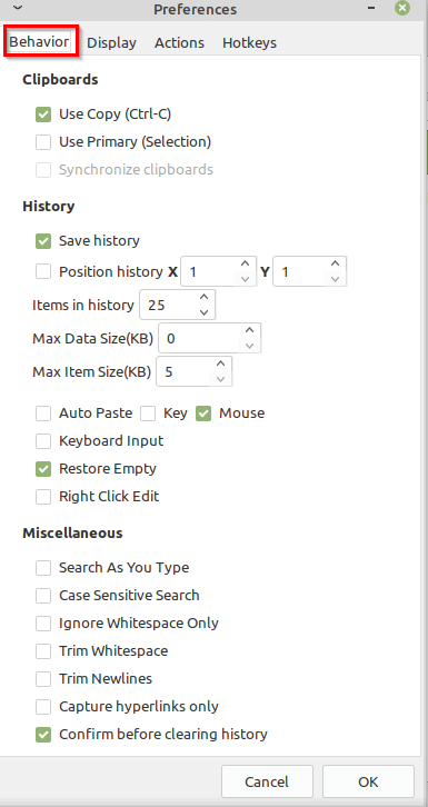 configuring behavior settings in Parcellite