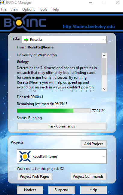 BOINC running with Rosetta@home computing tasks