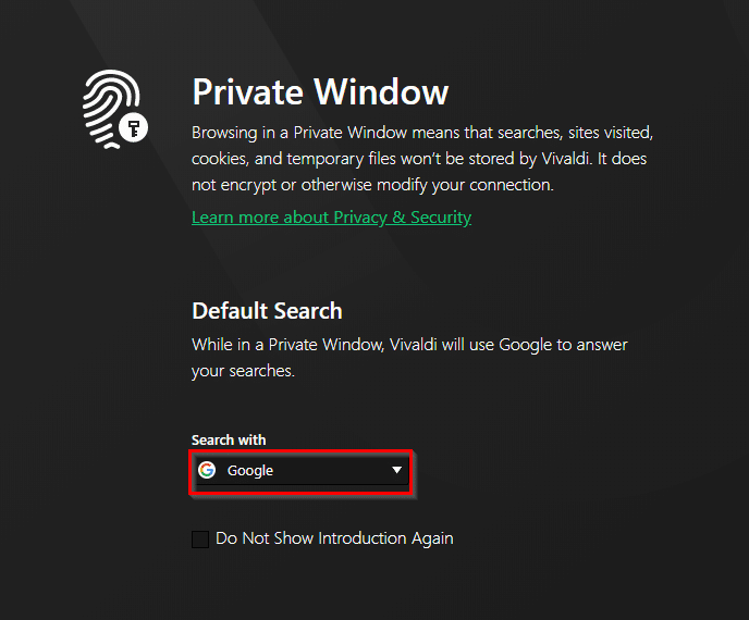 new private window with private search in Vivaldi