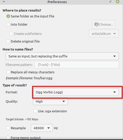 choosing output audio format in Sound Converter