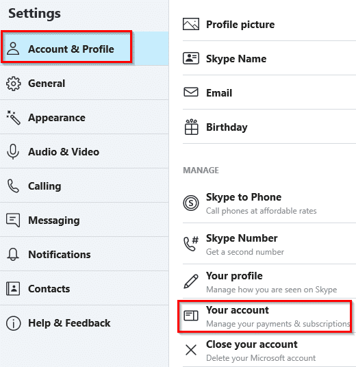 choosing account settings for Skype from the desktop app