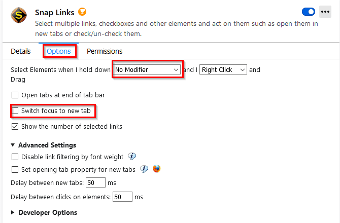 changing Snap Links Plus default controls and tab settings for opening links