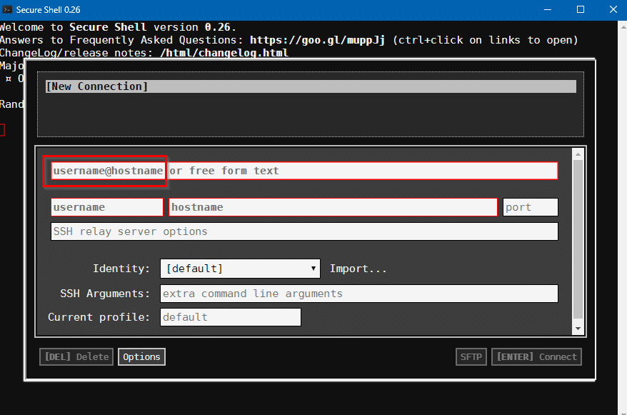 connection dialog box for ssh credentials in Secure Shell Chrome add-on