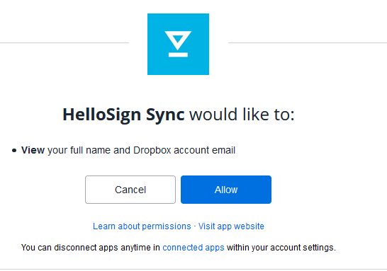 linking Dropbox with HelloSign 