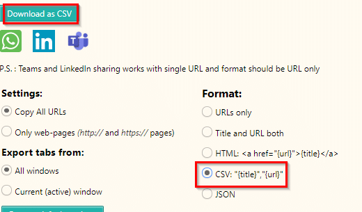 exporting tab links as a CSV file using Group tabs & share