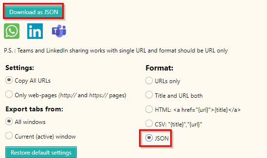 exporting tab links as a JSON file using Group tabs & share