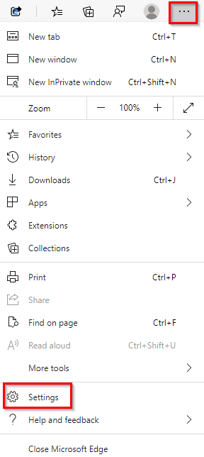 accessing settings in Microsoft Edge browser