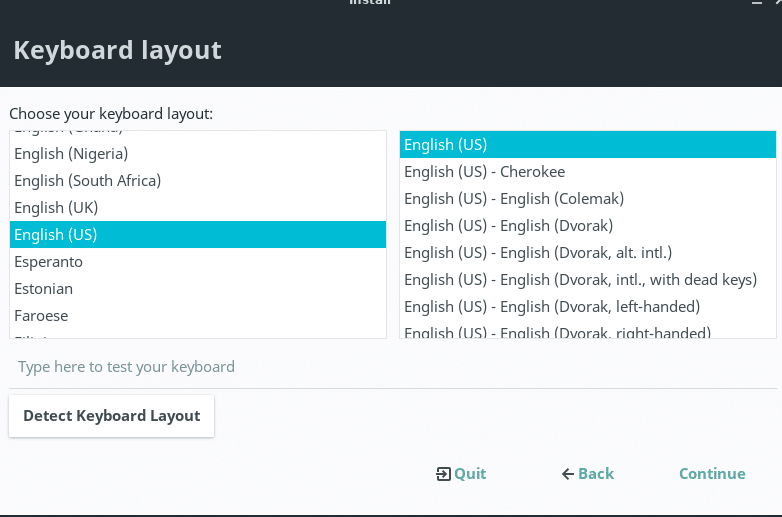 choosing a keyboard layout during Linux Lite installation