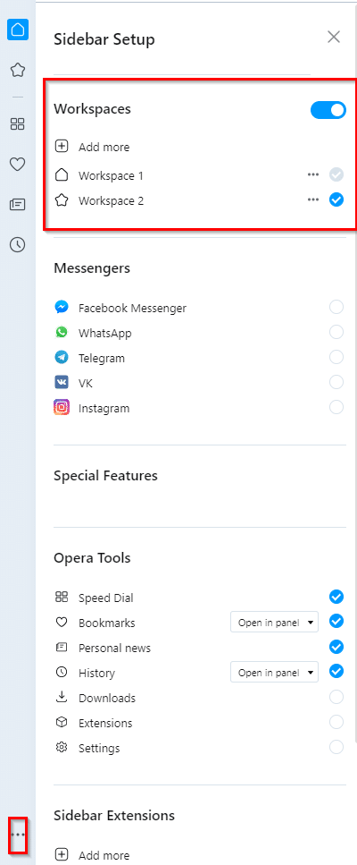 workspaces section in Opera browser