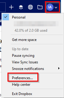accessing Dropbox preferences in Windows