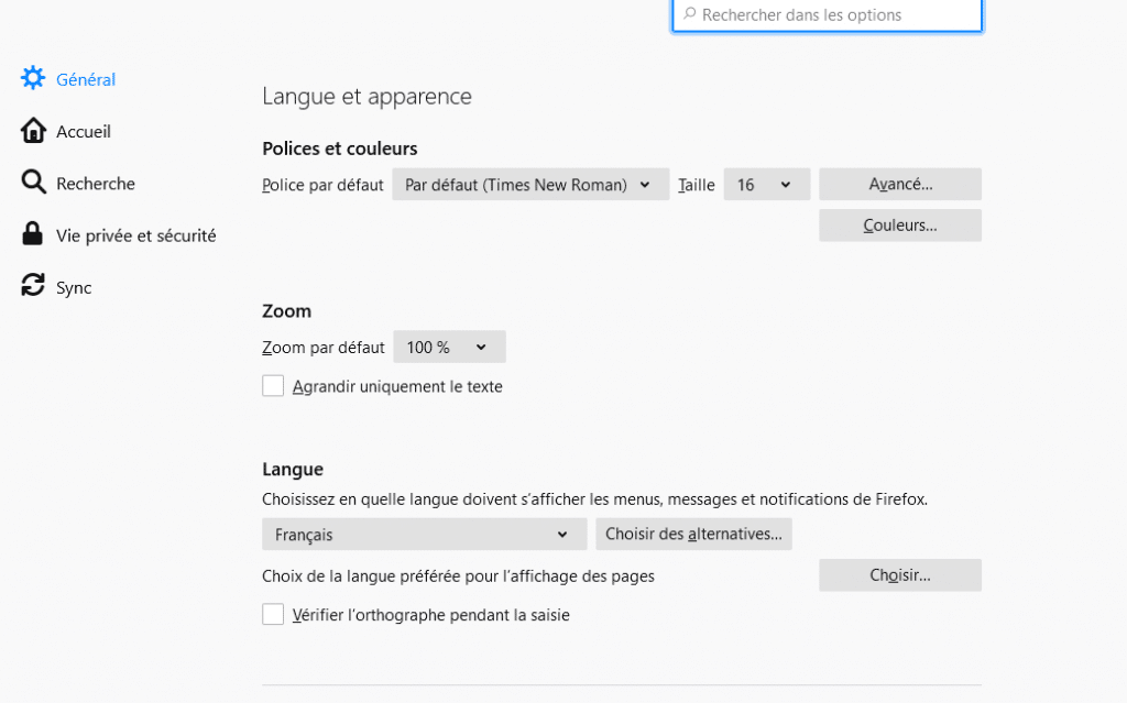 Firefox preferences displayed in a different language