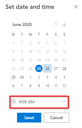 choosing a date and time for sending emails from Outlook.com