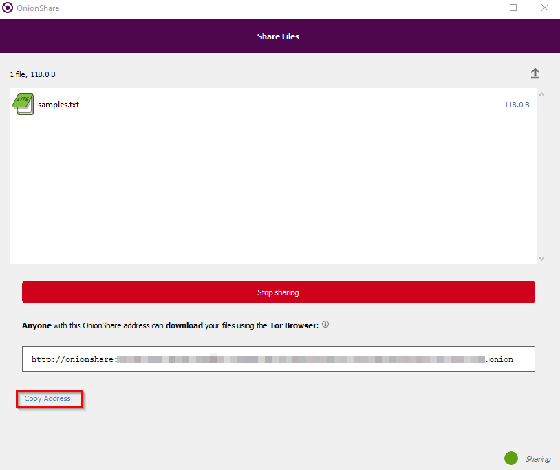 OnionShare address for shared files