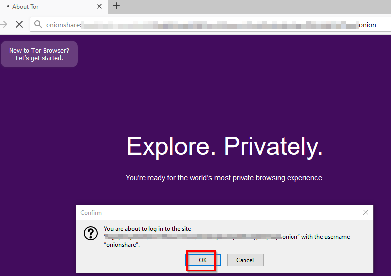 accessing OnionShare address for shared files in Tor browser