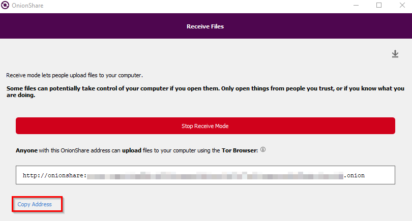 OnionShare address for receive mode