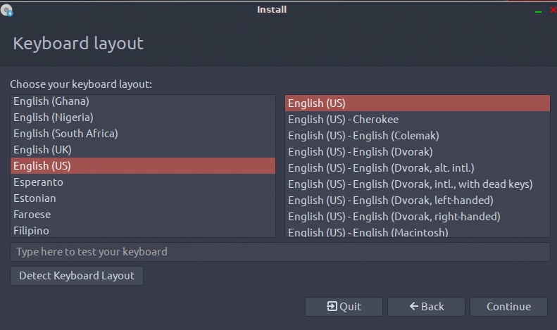 choosing a keyboard layout for Peppermint installation