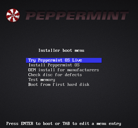 booting into Peppermint live mode