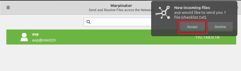 Accepting files from remote PC using Warpinator 