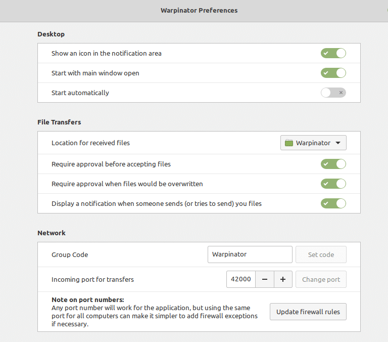 various Warpinator preferences