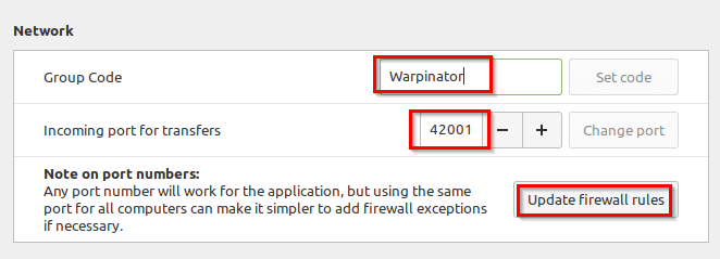 changing network preferences in Warpinator