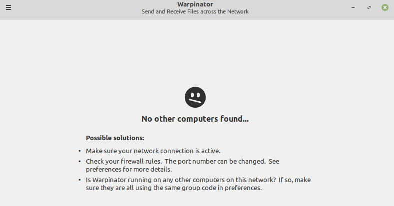 Warpinator error message due to network issues or offline PCs