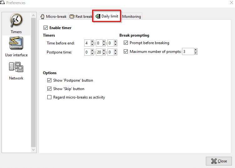 configuring daily limit usage in Workrave