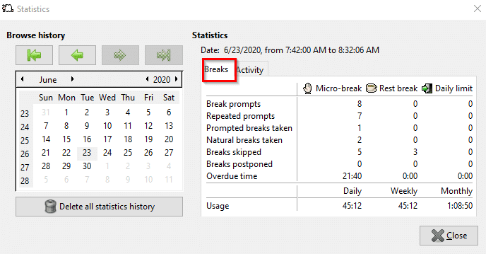 breaks statistics in Workrave