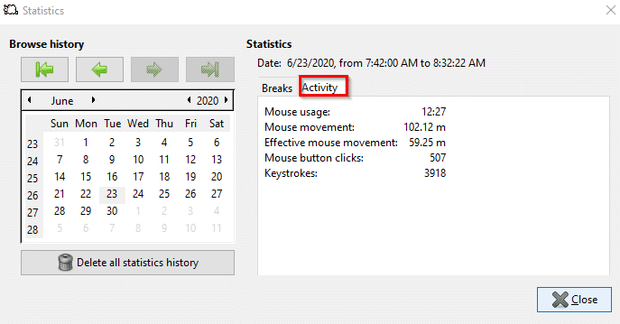 activity statistics in Workrave