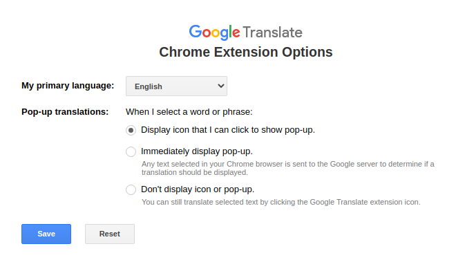 configuring Google Translate add-on options in Chrome