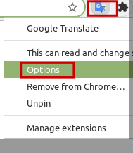 accessing Google Translate add-on options in Chrome