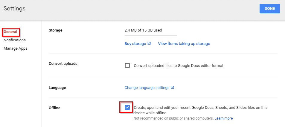 enabling offline mode in google drive