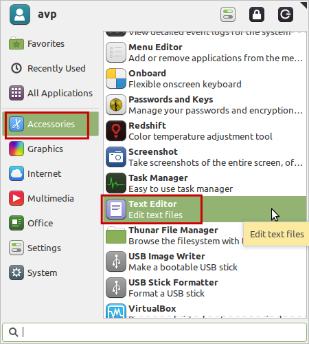 accessing xed text editor in Linux Mint