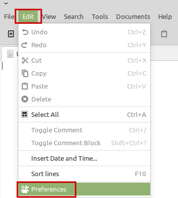 accessing preferences for default text editor xed in linux mint