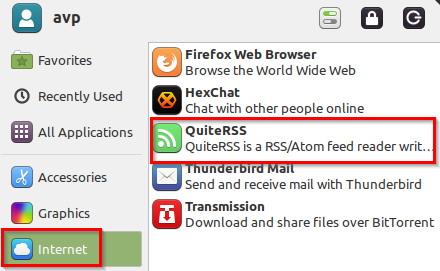 QuiteRSS installed in Linux Mint 20 Xfce